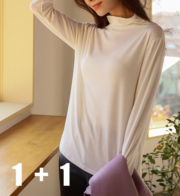 [プレミアム]1+1セミハイネック無地ベーシックTシャツ 韓国