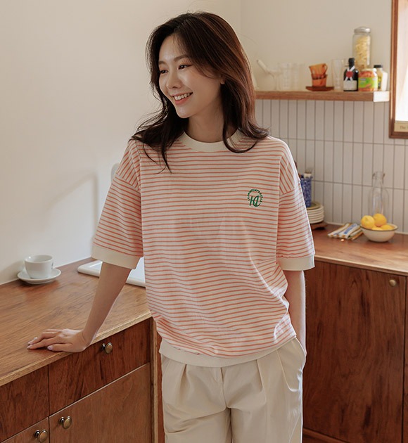 刺繍ポイントストライプTシャツ 韓国