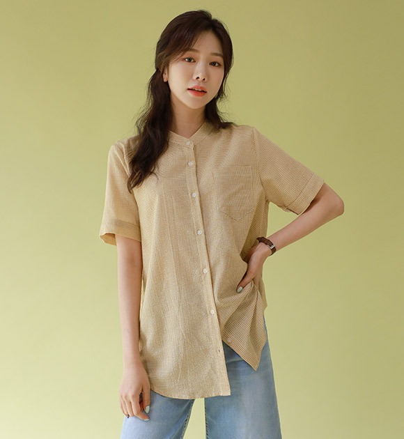 チャイナネック半袖チェックシャツ 韓国