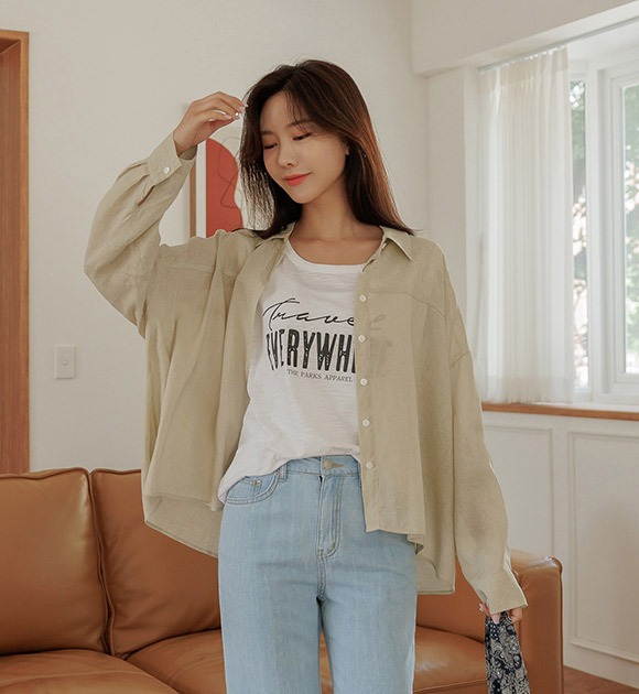 リネン50％ロールアップシャツ 韓国
