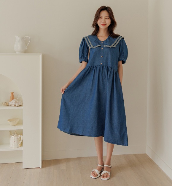 襟刺繍半袖デニムワンピース 韓国