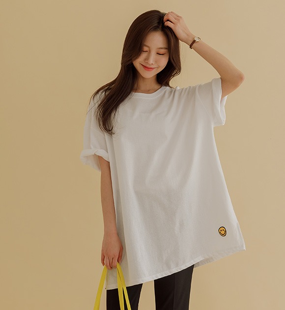 ハッピー スマイリー刺繍 半袖Tシャツ(縞模様/無地) 韓国