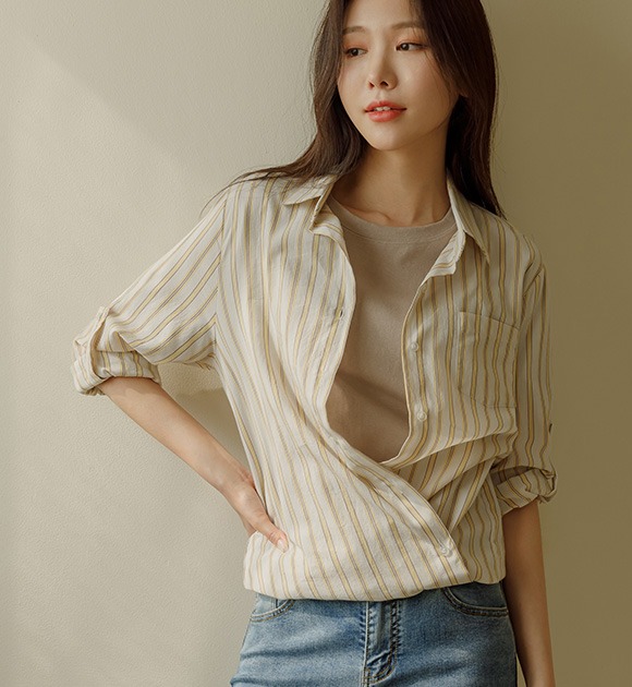 ヌーセラー 縞模様 ロールアップシャツ 韓国