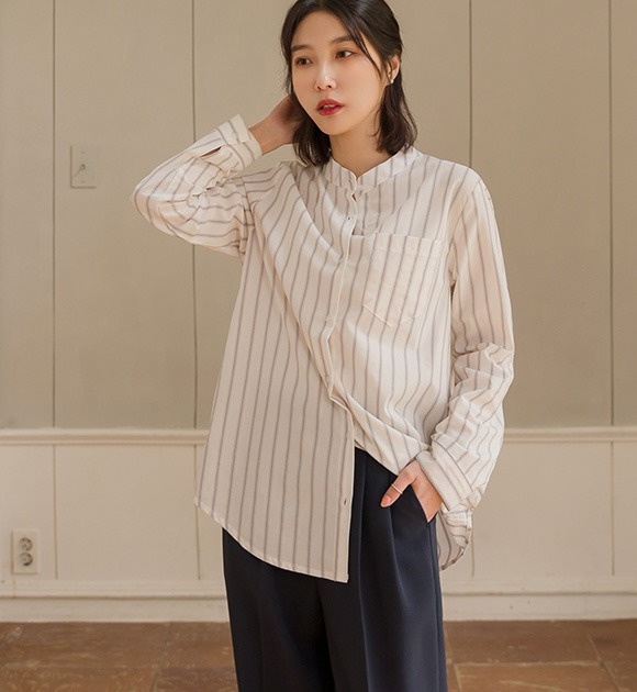 ビップー カラー縞模様 中国風 ロールアップシャツ 韓国