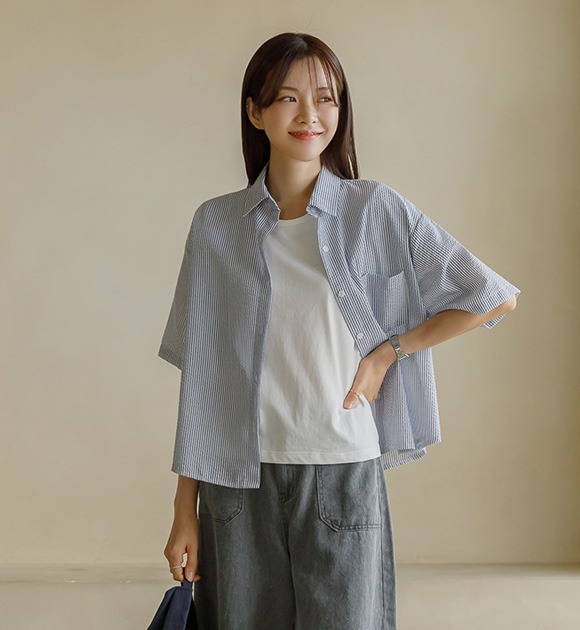 マーファーム シアサーカー 縞模様 半袖シャツ 韓国