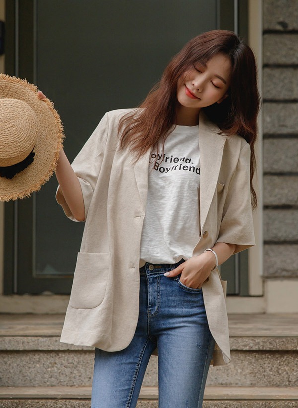 リネン混オーバーサイズ半袖ジャケット 韓国