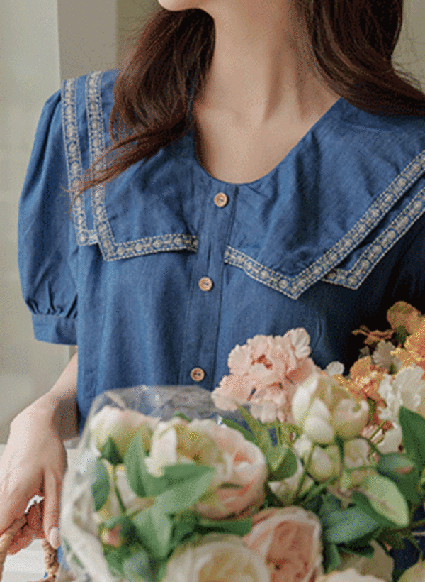 襟刺繍半袖デニムワンピース 韓国