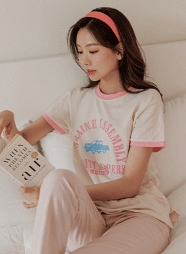 配色カラーレタリング半袖Tシャツ 韓国