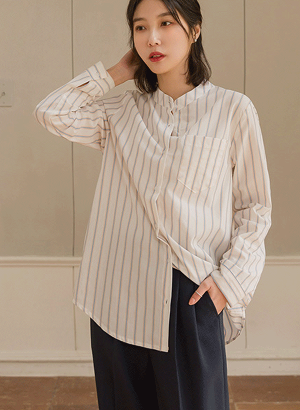 ビップー カラー縞模様 中国風 ロールアップシャツ 韓国