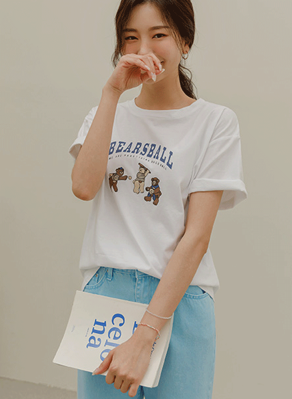 ベアスボール プリント 半袖Tシャツ 韓国