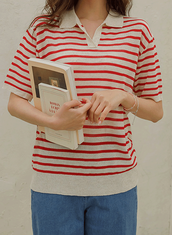 ベドゥ リネン 縞模様 襟ニット 韓国