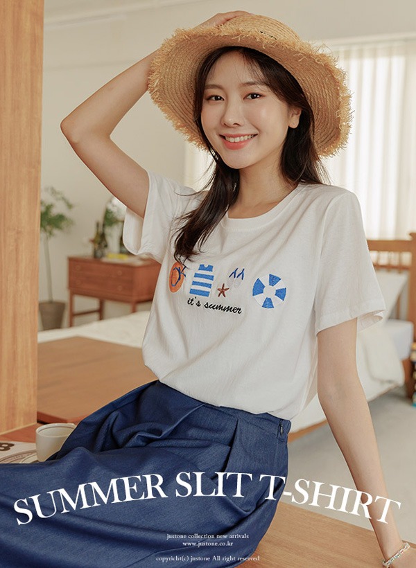 サマー刺繍スリットTシャツ 韓国