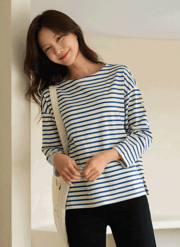 バード刺繍ストライプTシャツ 韓国
