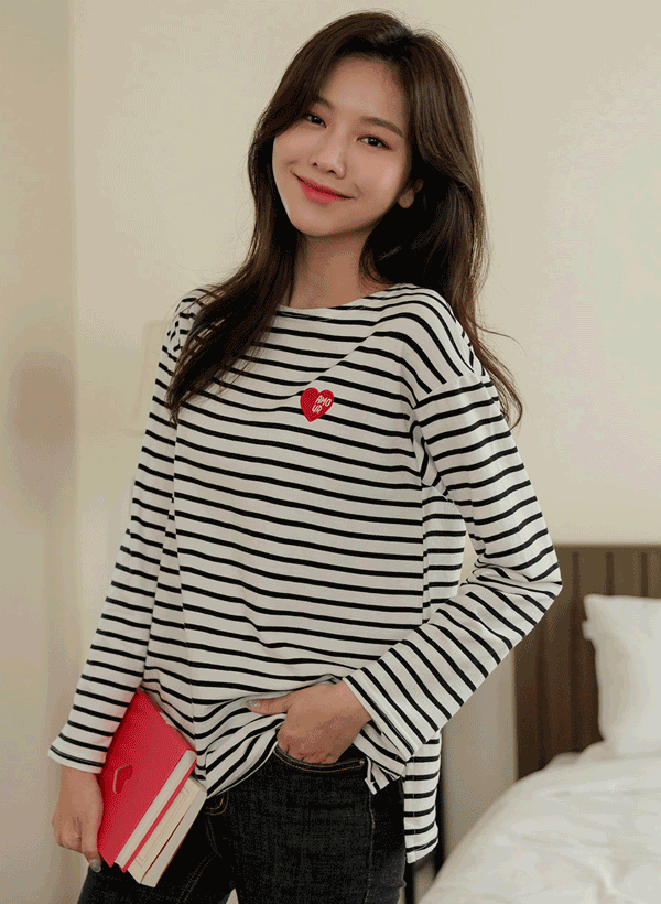 ハート刺繍ストライプTシャツ 韓国
