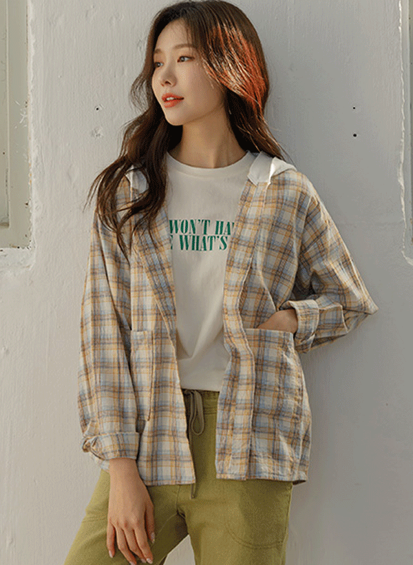 モーピング 格子模様 フードシャツ 韓国