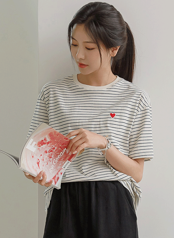 ロップミー ハート刺繍 縞模様半袖Tシャツ 韓国